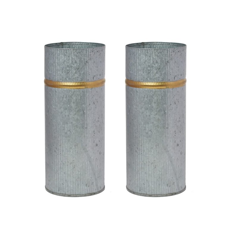 Hosley Set of 2 Galvanized Vases with Gold Rim 4" Dia x10 H - Ideal Floral Vases for Floral Arrangements Farmhouse Kitchen Decor Rustic Elegance and Modern Appeal in One Farmhouse Chic - Image 1